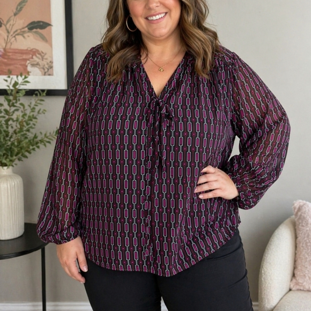 Lane Bryant Burgundy Pink Geometric Tie-Front Blouse 22/24 NWT Plus Size